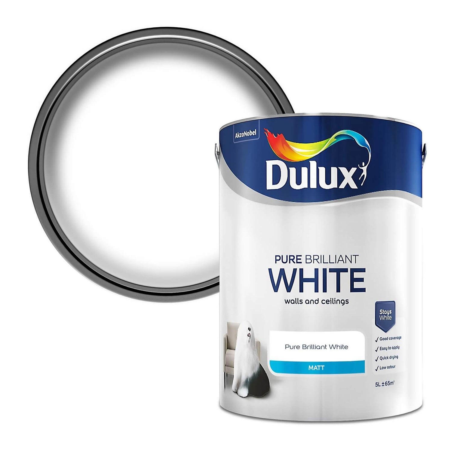 Dulux Easycare Pure brilliant white Matt Emulsion paint, 5L