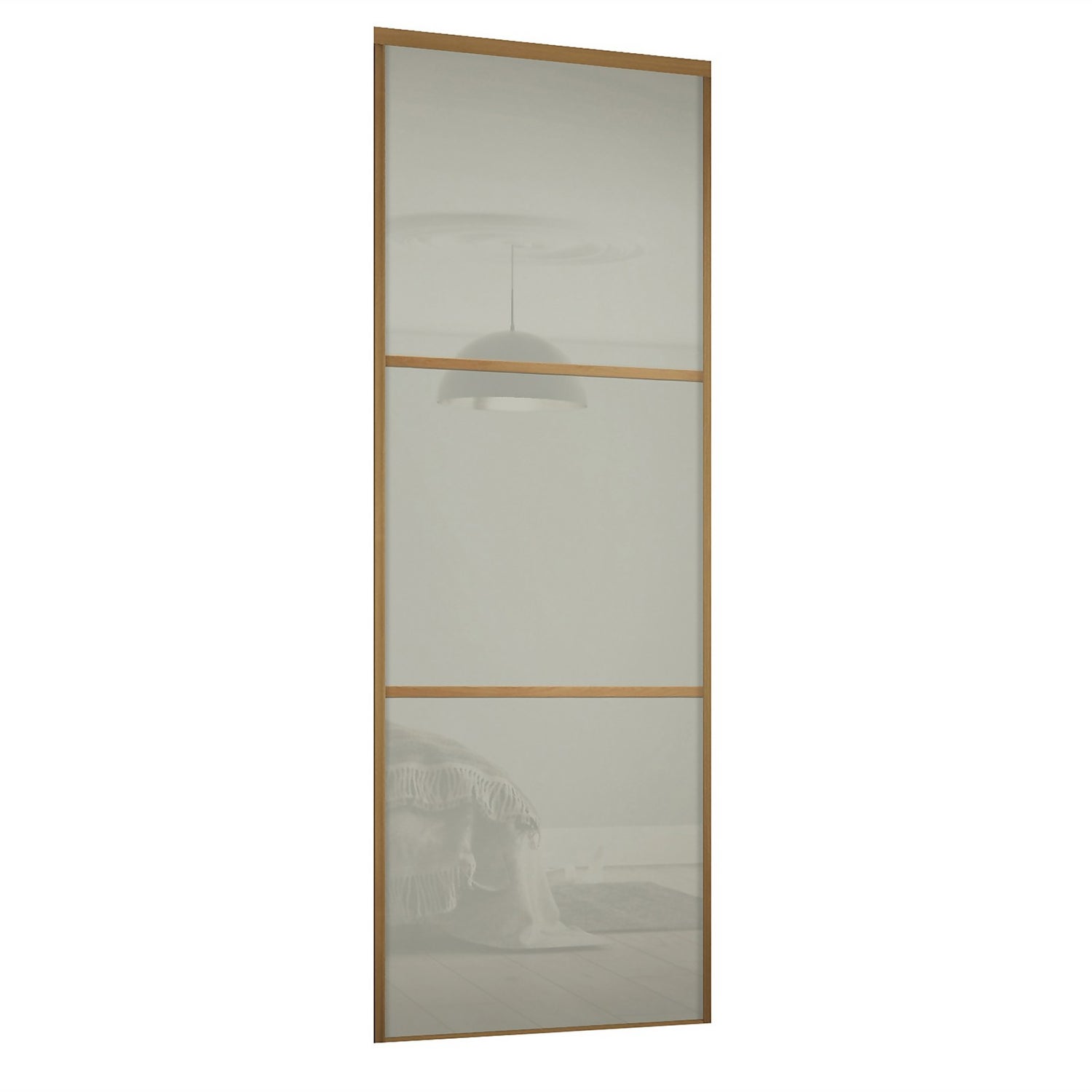 Linear Sliding Wardrobe Door 3 Panel Arctic White Glass with Oak Frame W 914mm