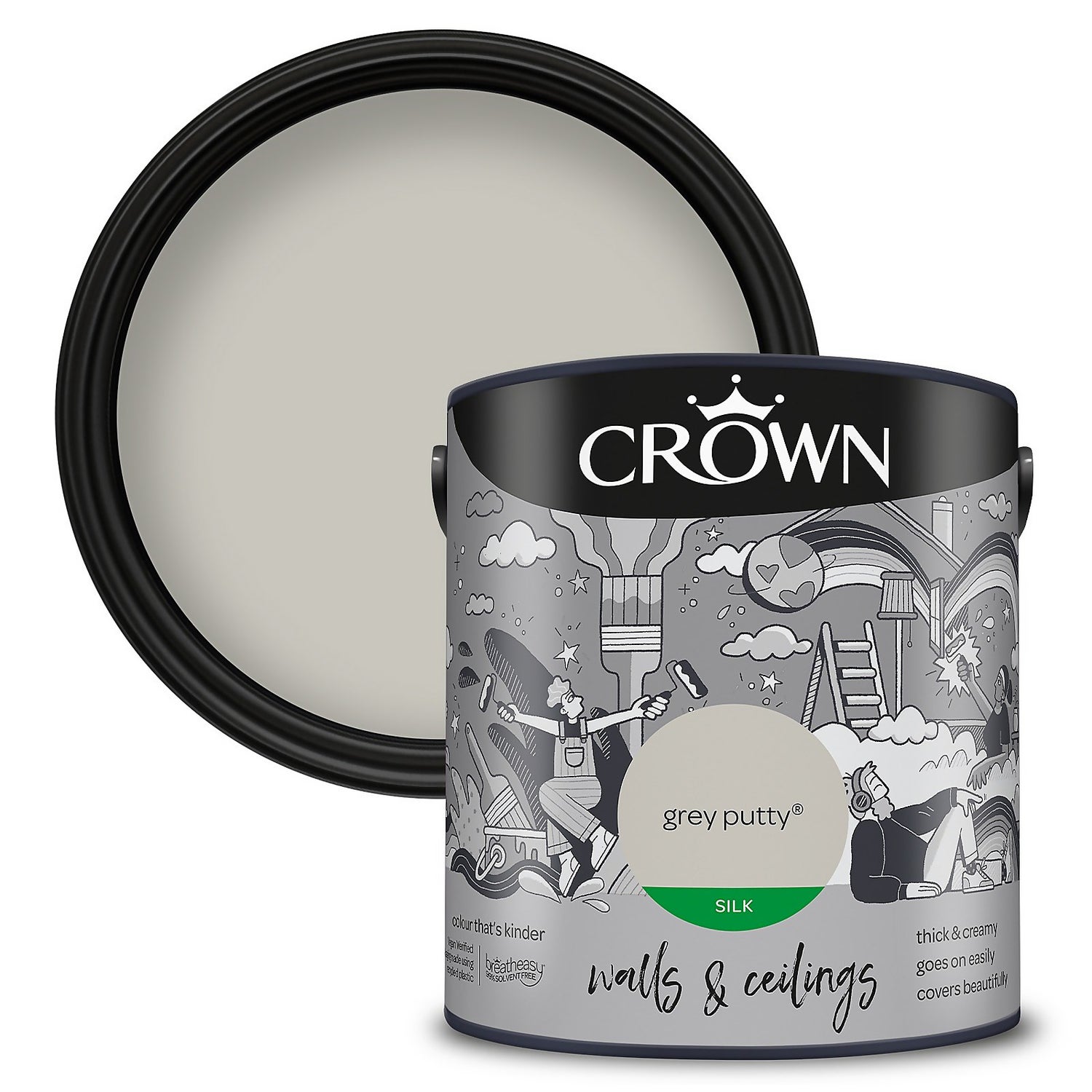 Crown Walls Ceilings Silk Emulsion Paint Grey Putty 2.5L