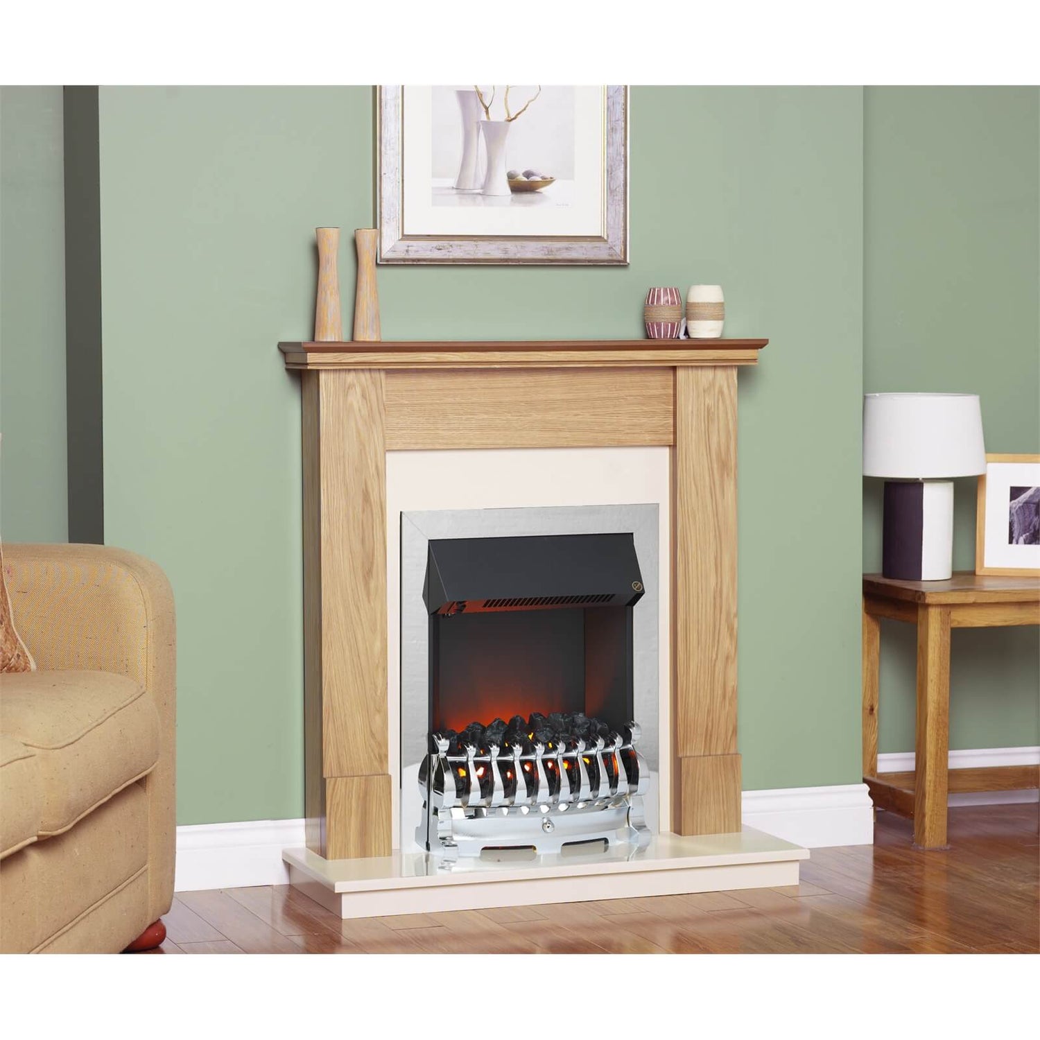 Suncrest Howden Electric Fire Suite with Flat to Wall Fitting - Oak u0026  Chrome | Homebase