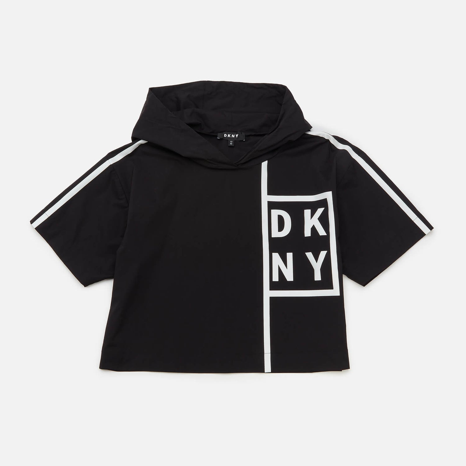 DKNY Girls' Striped Hooded Logo Top - Black