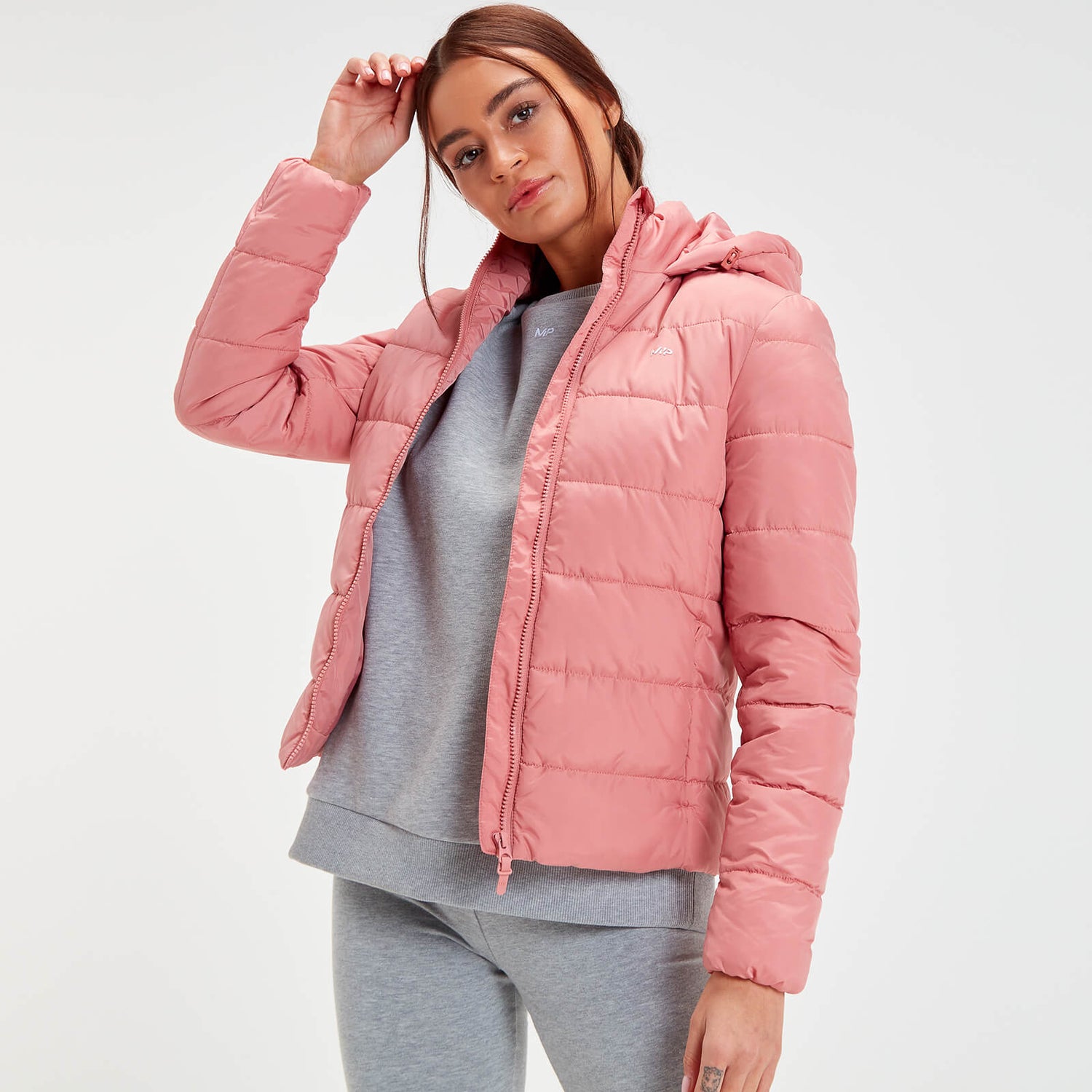dusty pink puffer jacket