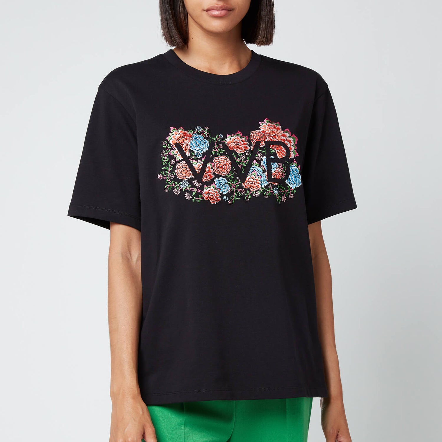 Victoria, Victoria Beckham Women's Embroidered Floral Logo Heavy Jersey T-Shirt - Black - XS
