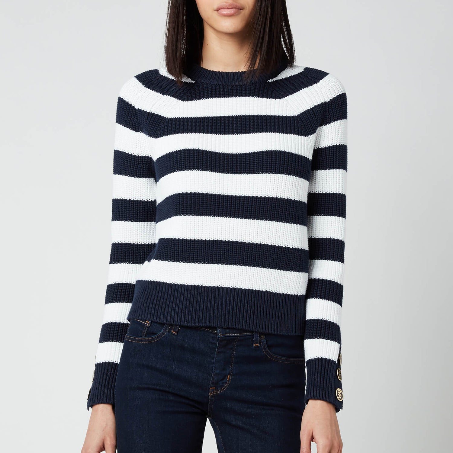 MICHAEL Michael Kors Women's Stripe Button Cuff Sweater - Midnight Blue/White
