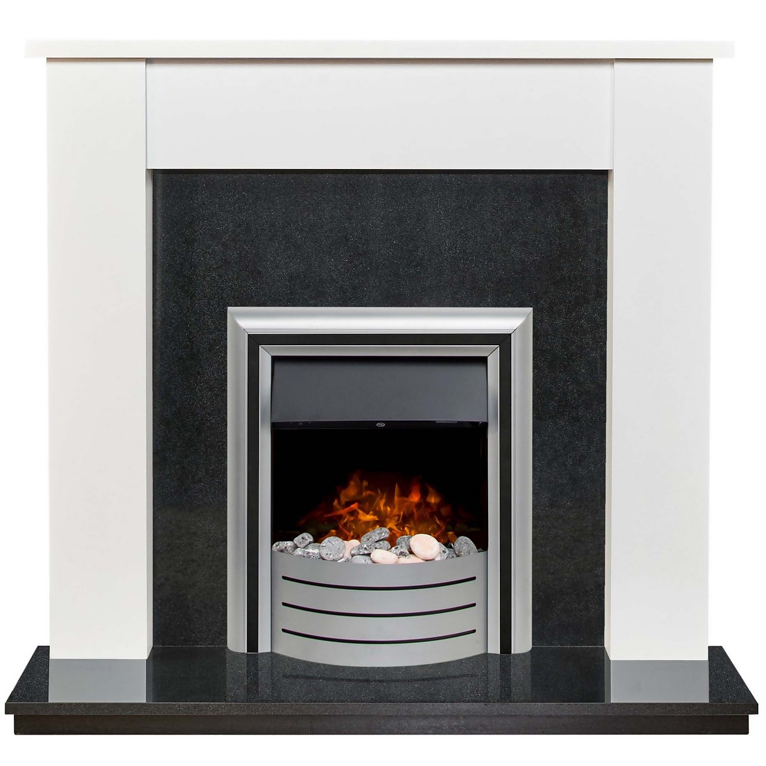 Adam Buxton Fireplace Surround u0026 Lynx Electric Fire with Flat to Wall  Fitting - White u0026 Black Granite | Homebase
