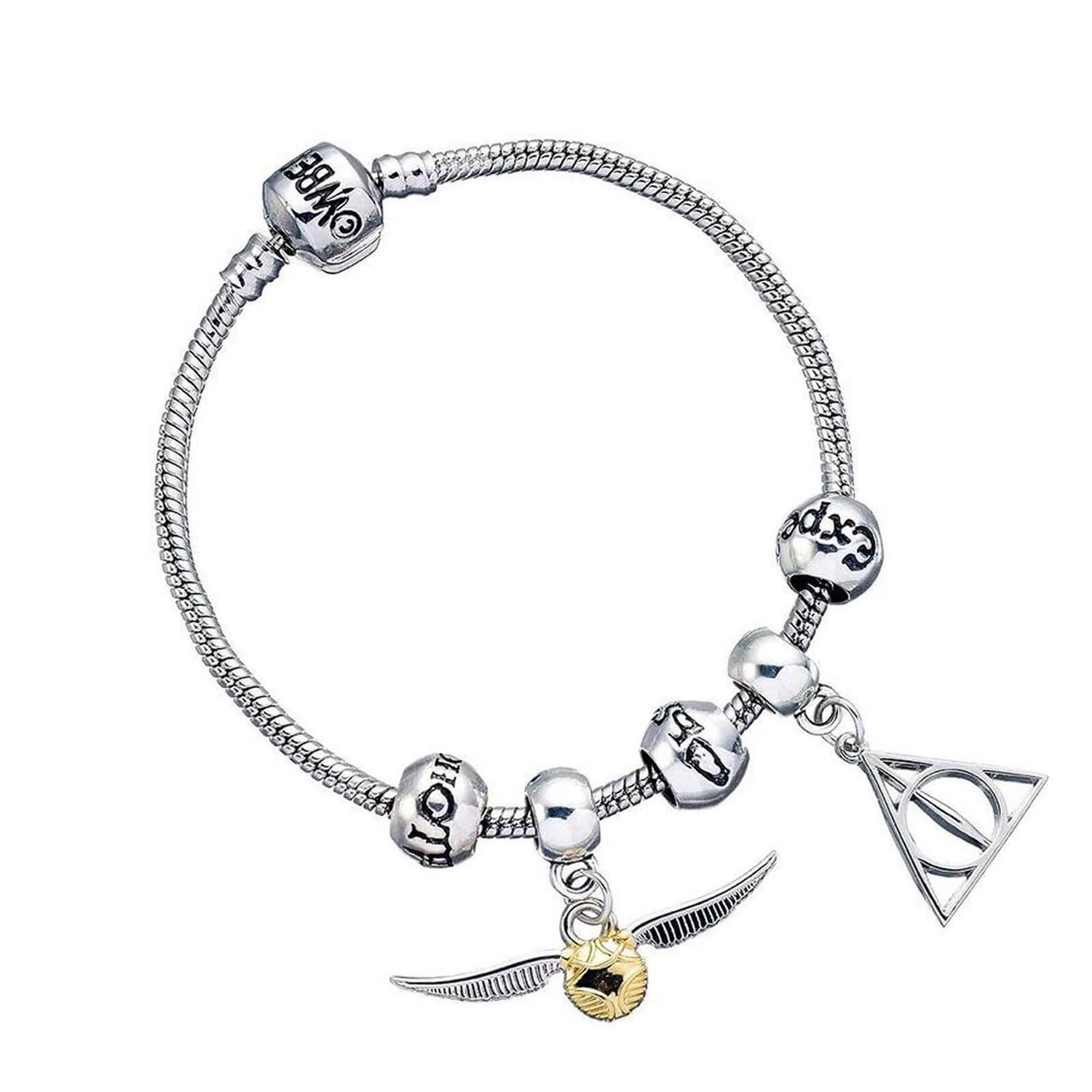 Harry Potter Charm Bracelet Set - Deathly Hallows, Golden Snitch, 3 Spell Beads - Silver - Medium - 19cm