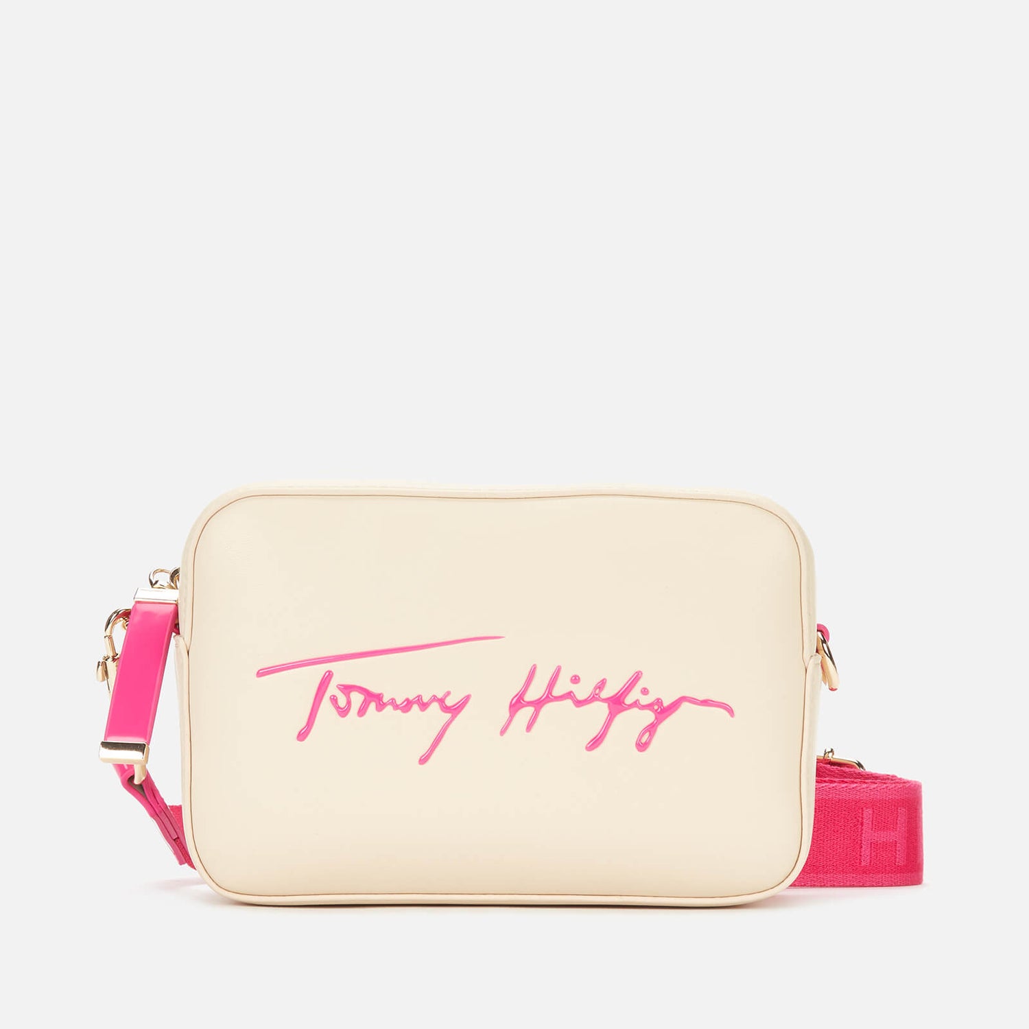 Tommy Hilfiger 女士标志性 Tommy 相机包标志 - 经典米色/热洋红色