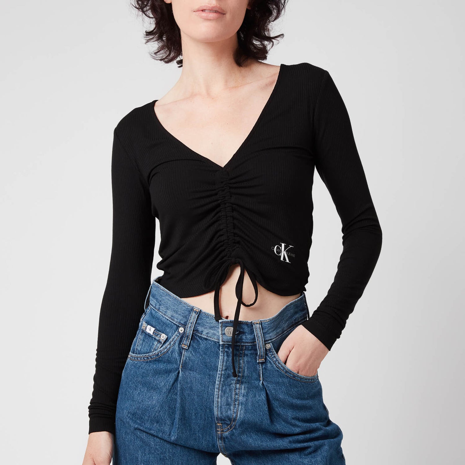 Calvin Klein Jeans Women's Drawstrings V-Neck Ls Rib T-Shirt - CK Black