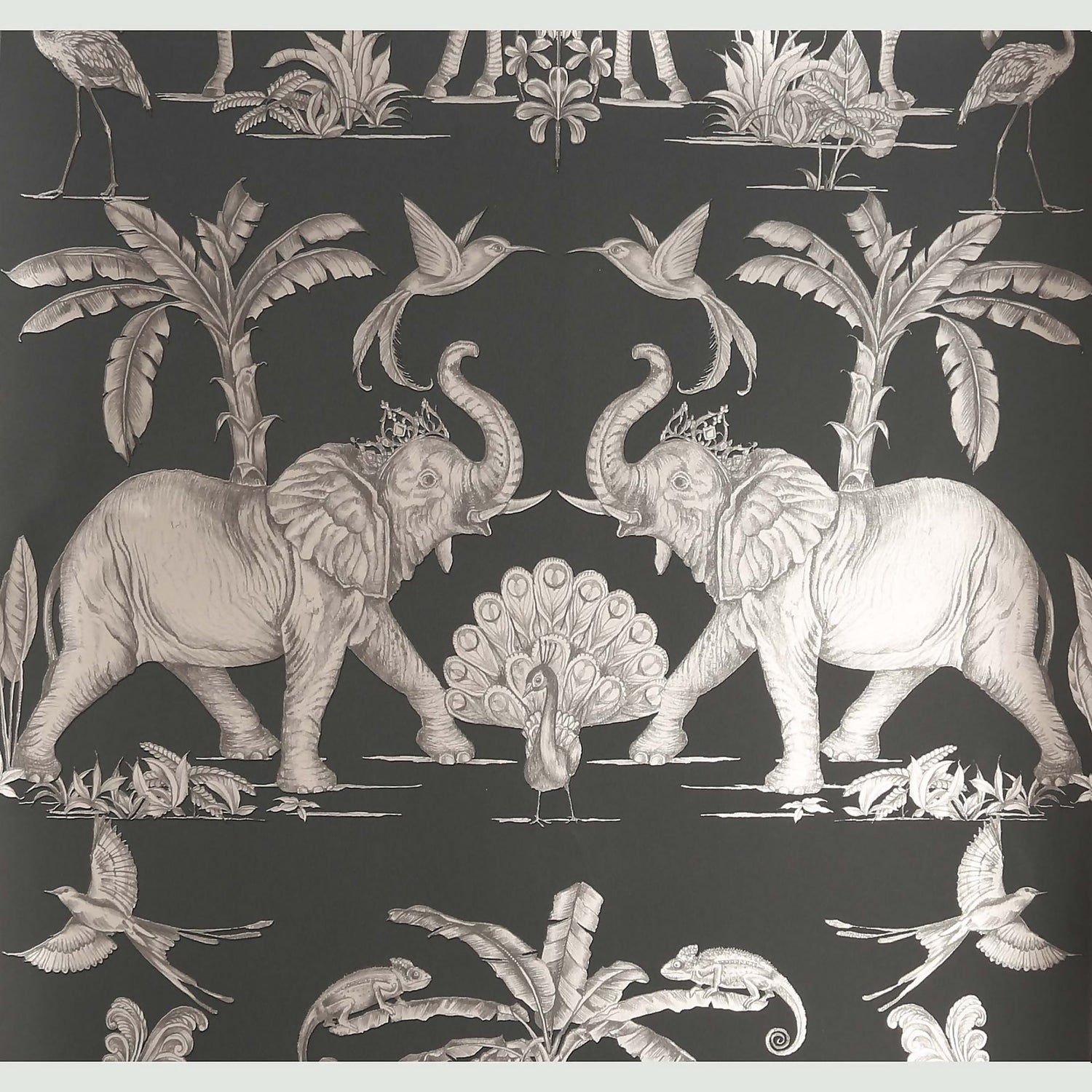Elephants Charcoal Pale Gold Wallpaper | Homebase