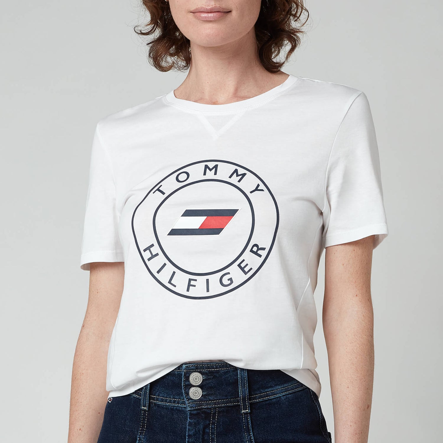 Tommy Sport Women's Slim Round Graphic Crew Neck T-Shirt - Th Optic White