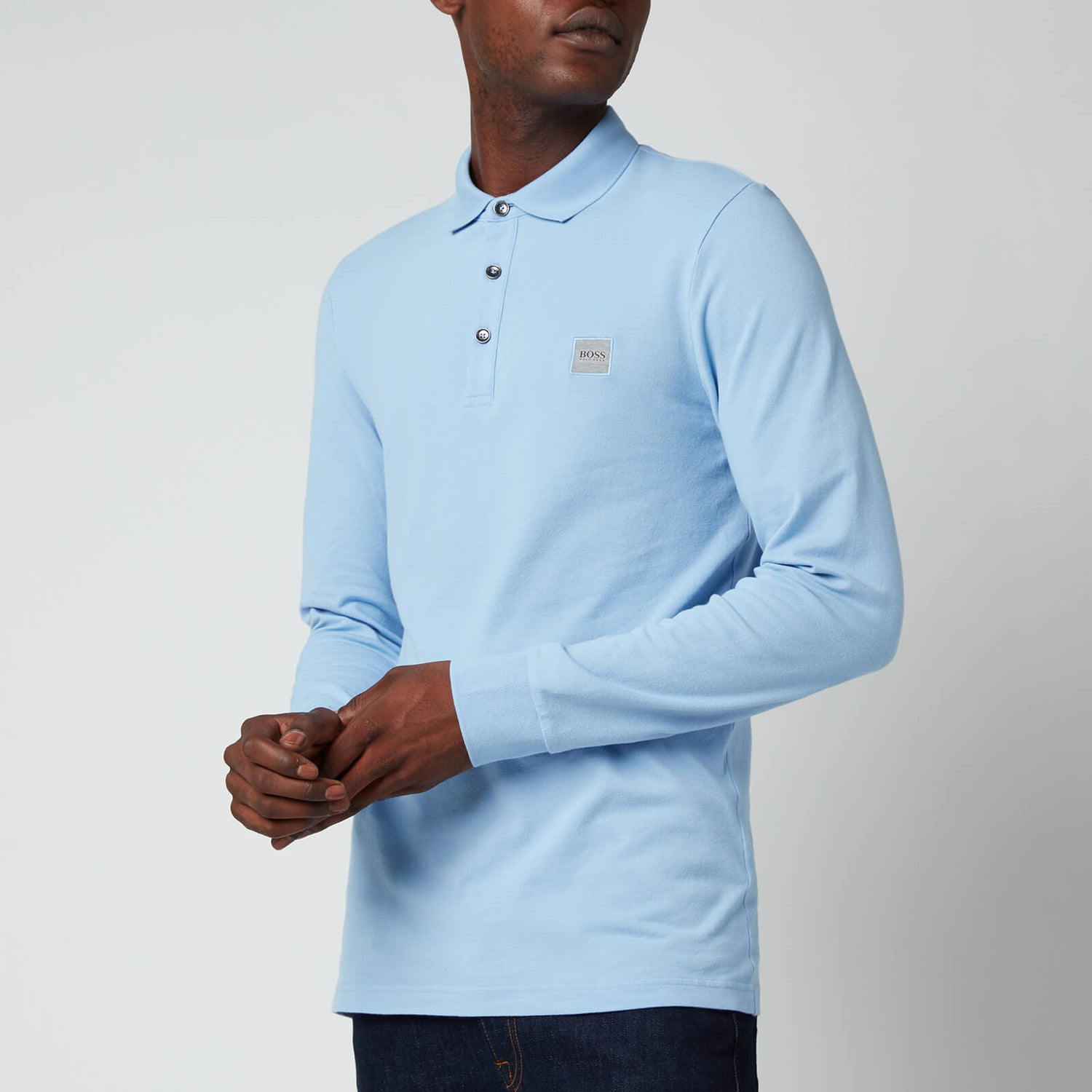 BOSS Casual Men's Long Sleeve Washed Pique Polo Shirt - Open Blue