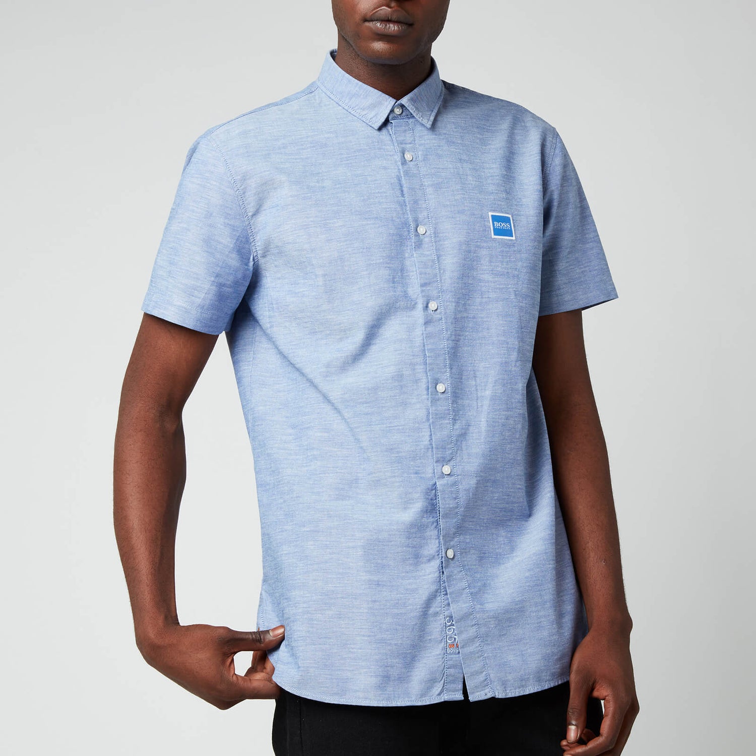 BOSS Casual Men's Logo Patch Slim Fit Short Sleeve Shirt - Medium Blue