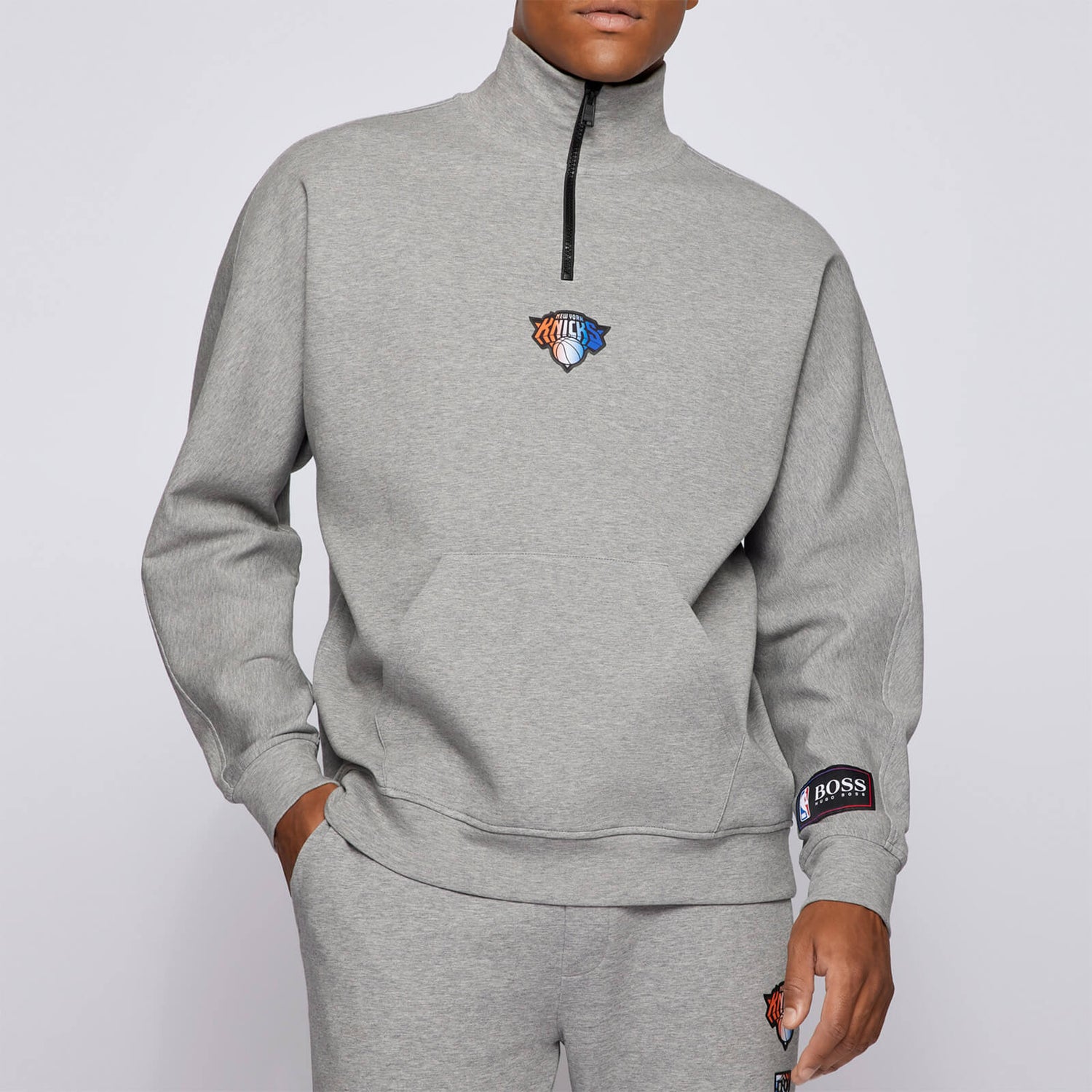 BOSS X NBA Men's Knicks Quarter Zip Sweatshirt - Medium Grey - S