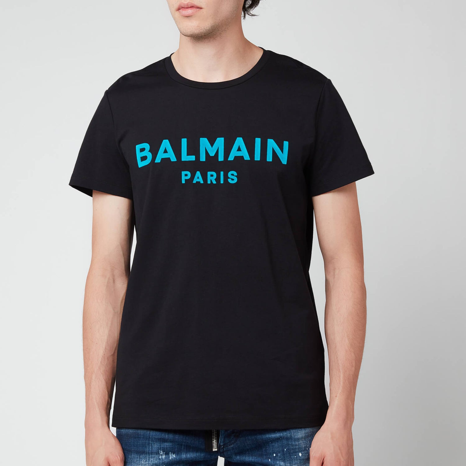 Balmain Men's Flock Logo T-Shirt - Black/Blue