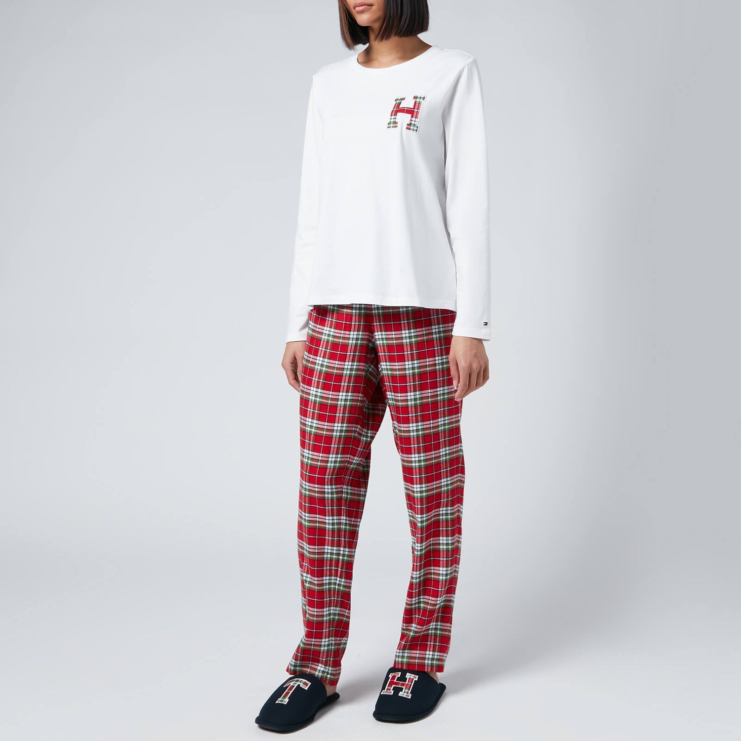 Tommy Hilfiger Women's Organic Cotton Gifting Pyjama Set With Slippers - White/Hilfiger Plaid - XS
