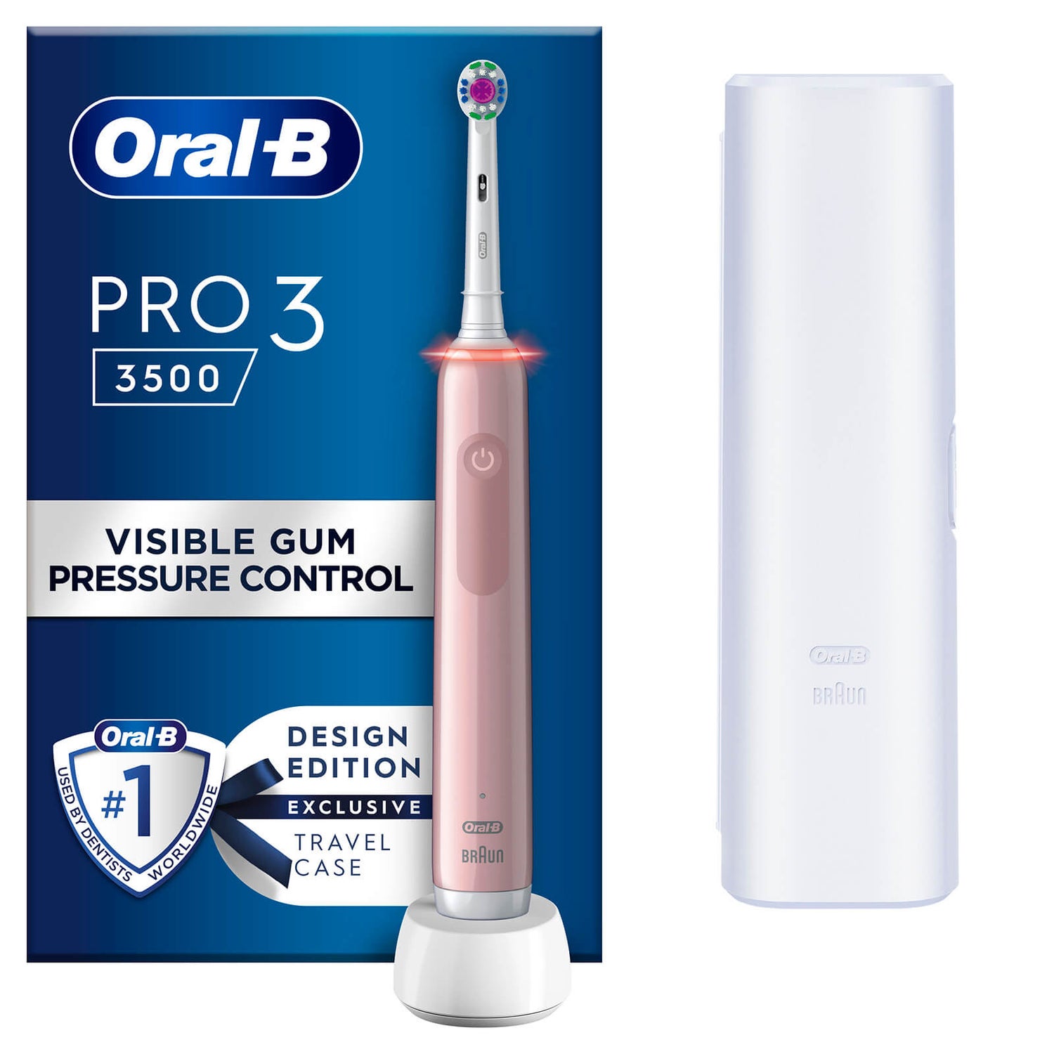Oral B Pro 3500 3D White Pink Electric Toothbrush with Travel Case