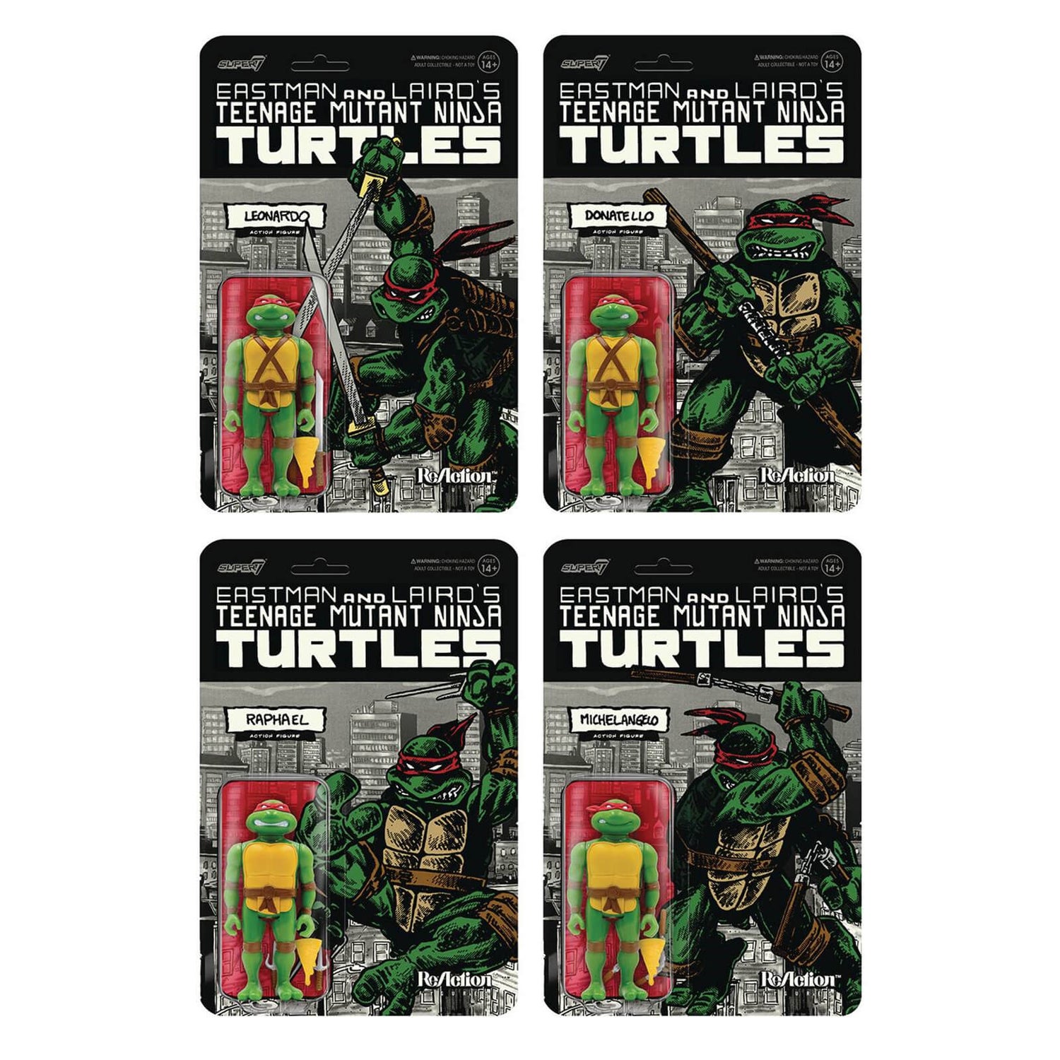Super7 Teenage Mutant Ninja Turtles ReAction Figuren - Mirage Comics Pack mit 4 Varianten