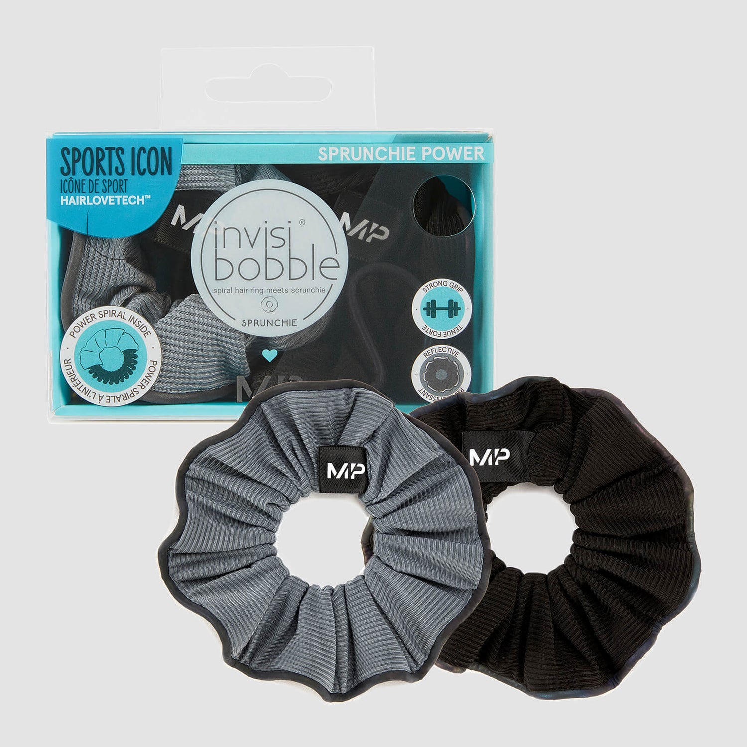 MP X Invisibobble® Reflective Power Sprunchie – presvučena gumica za kosu – crna/ledenoplava - PAKOVANJE OD 2 KOMADA