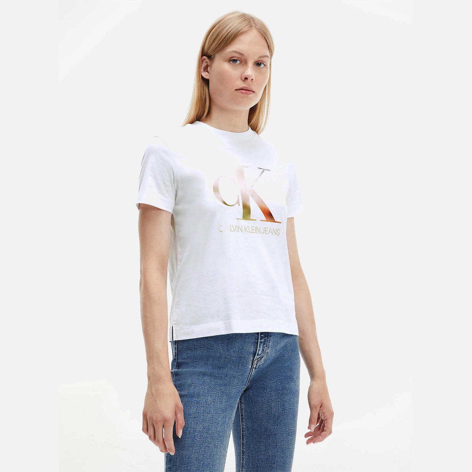 Calvin Klein Jeans Women's Organic Cotton Satin Bonded Blurred Ck T-Shirt - Bright White - S
