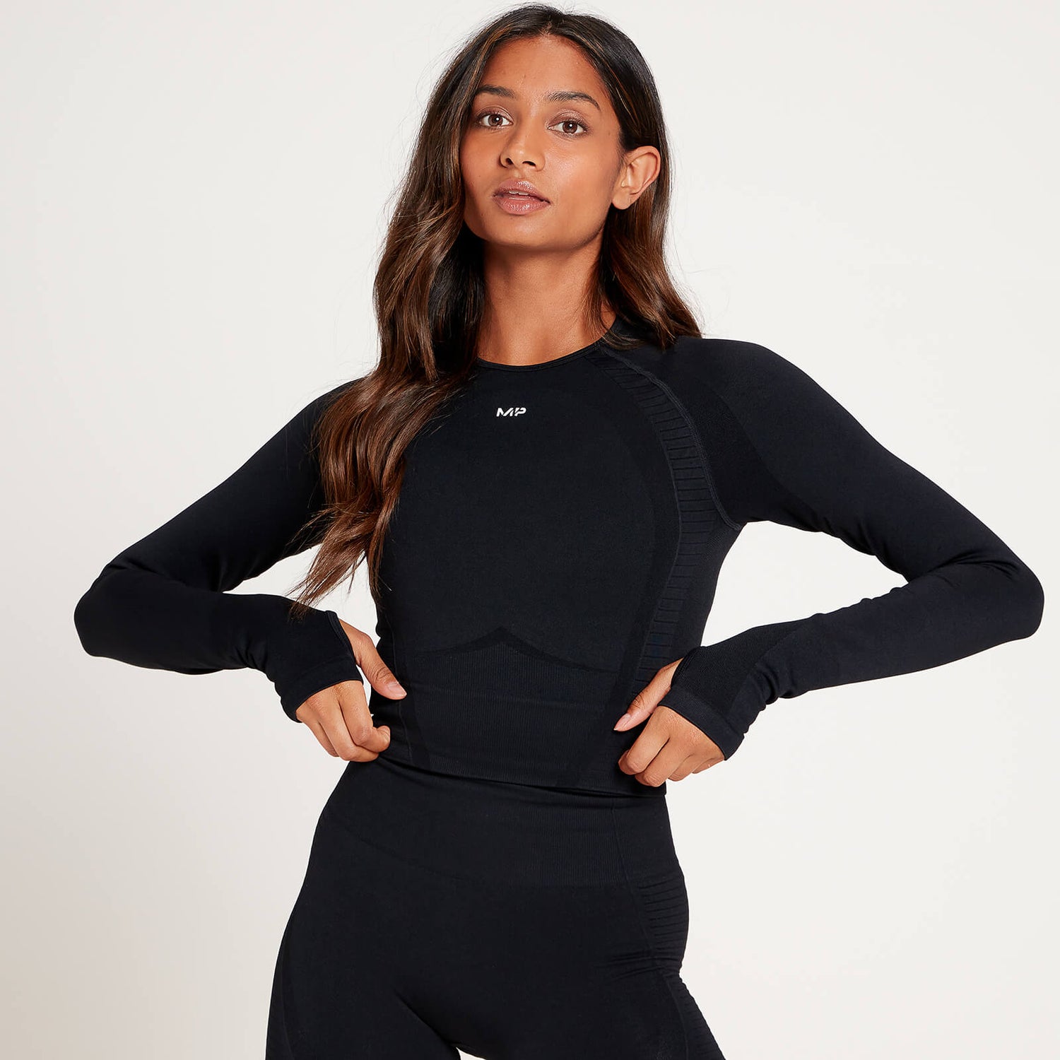 MP Tempo Nahtloses Langarm-Crop-Top für Damen - Schwarz