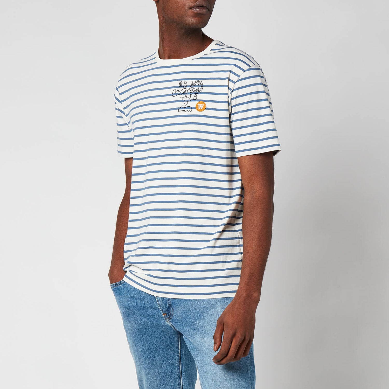 Wood Wood X Garfield Men's Ace Kick Logo T-Shirt - Off White/Blue Stripes - S