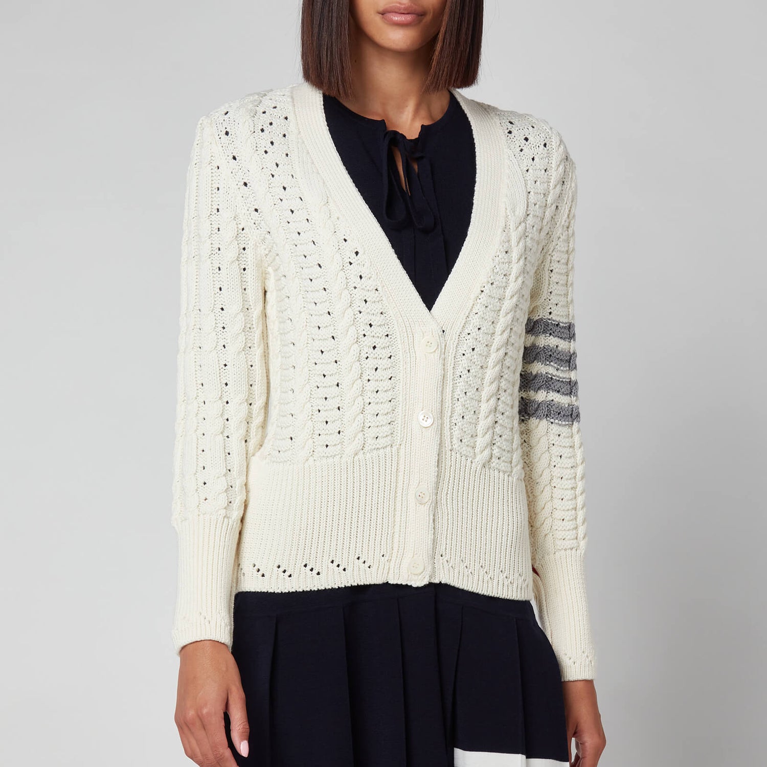 Thom Browne Women's Cable Classic Fit V Neck Cardigan With Stripes - White