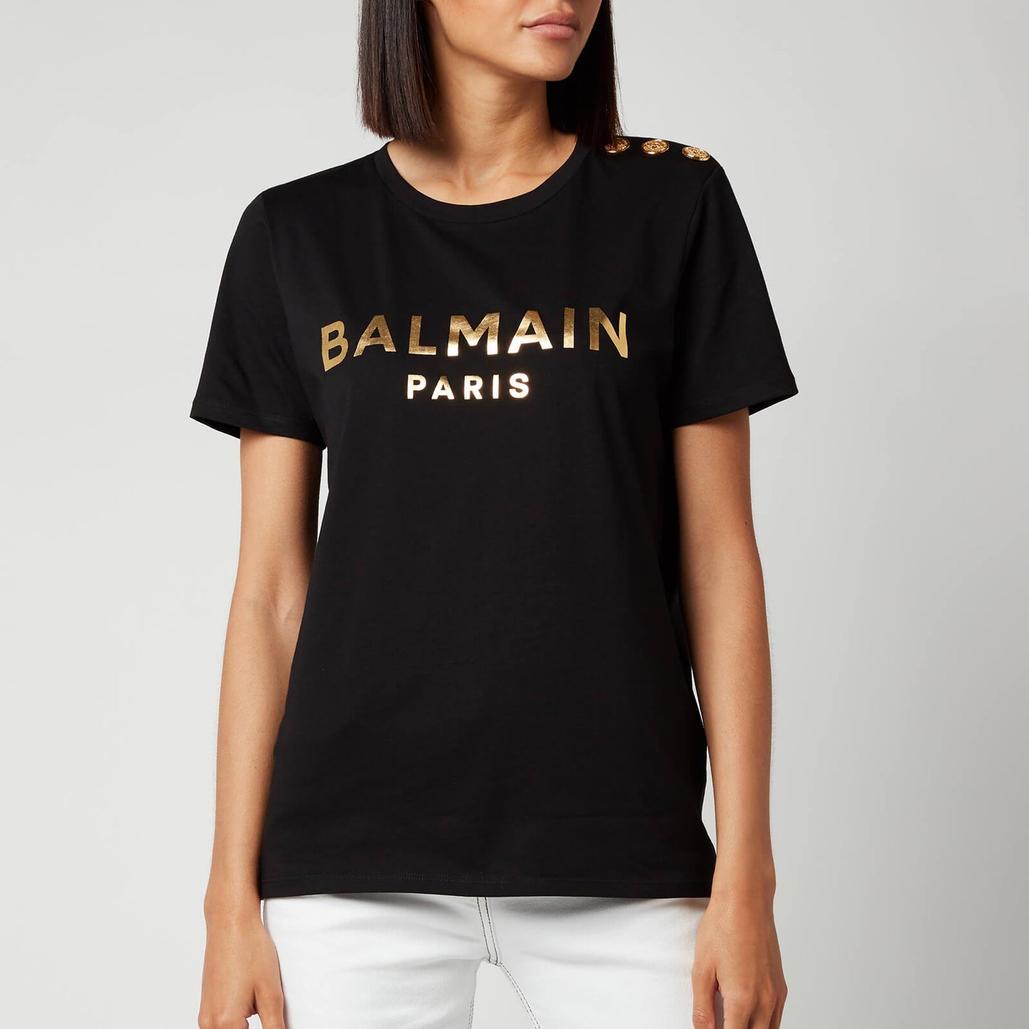 Balmain Women's Short Sleeve 3 Button Metallic Logo T-Shirt - Noir/Or