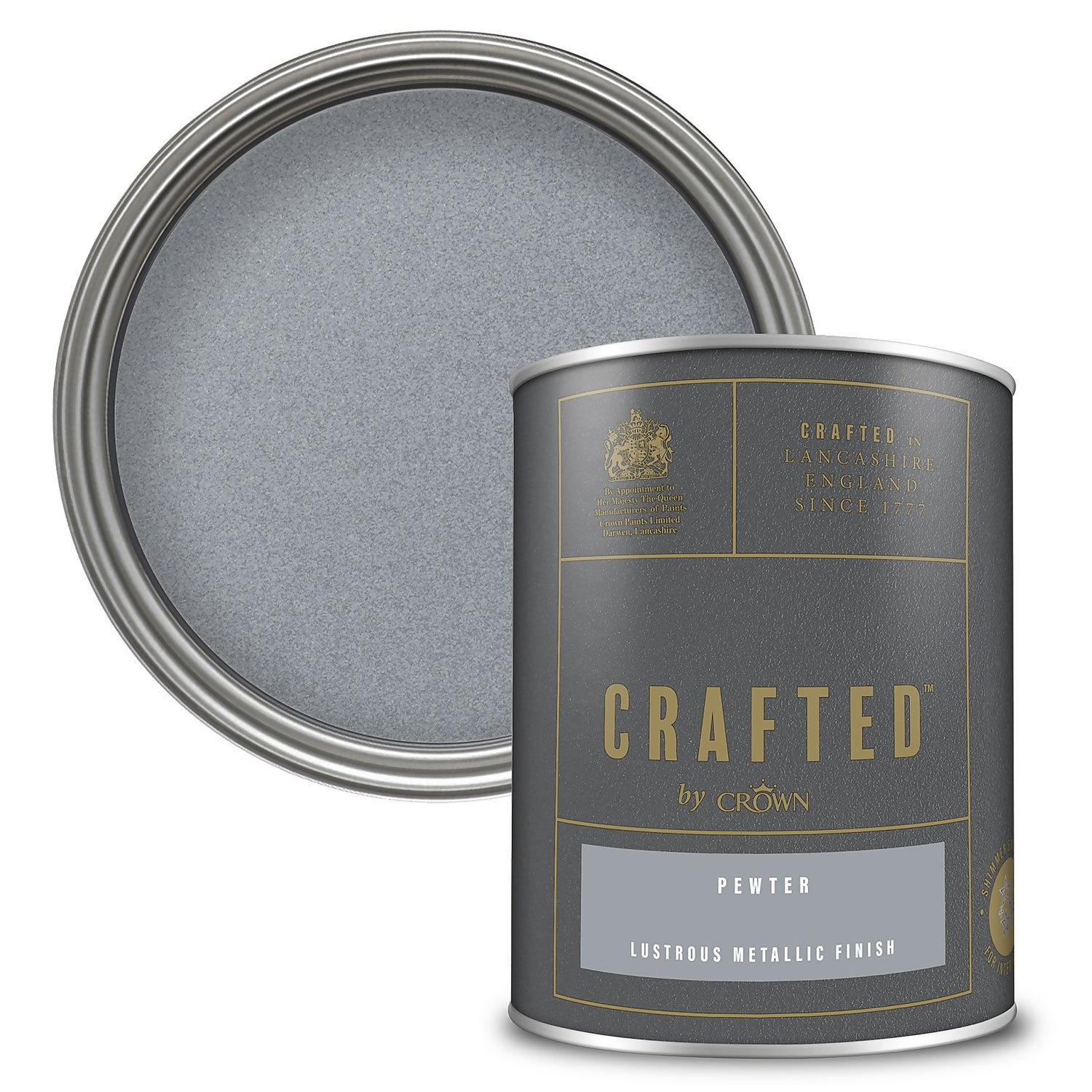 CRAFTED by Crown Lustrous Metallic Interior Wall and Wood Paint Pewter 1.25L