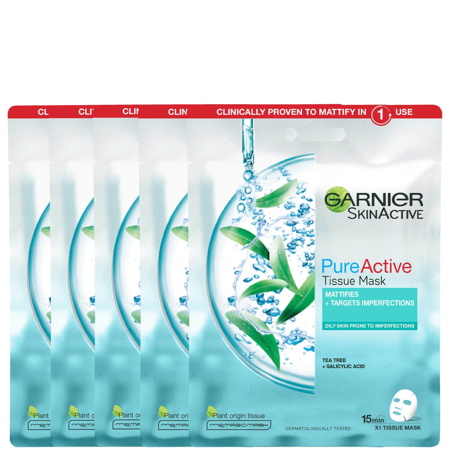Garnier Pure Active Tea Tree og Salicylsyre Sheet Mask (5 pakker)