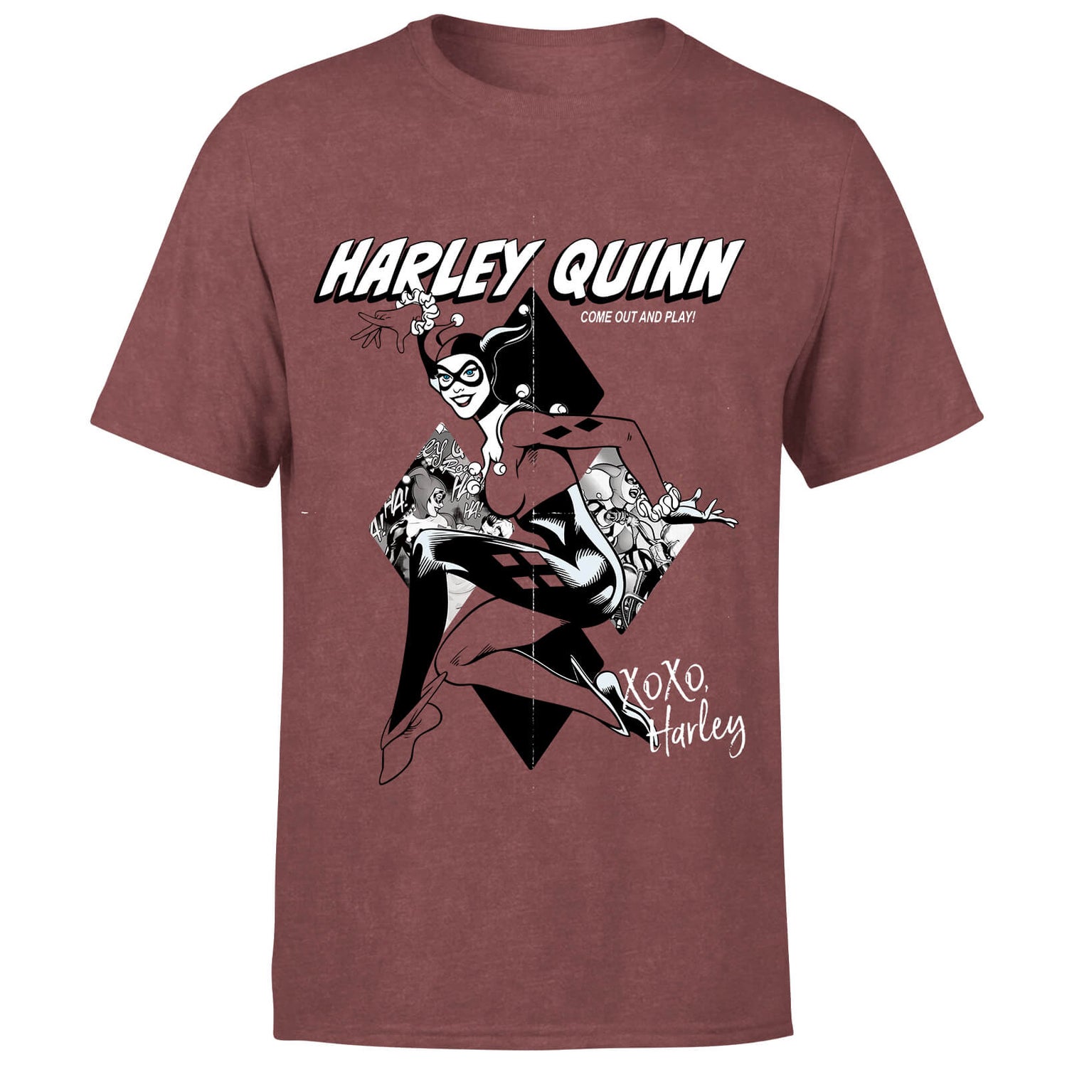 DC Comics Playing Card Harley Unisex T-Shirt - Burgundy Acid Wash
