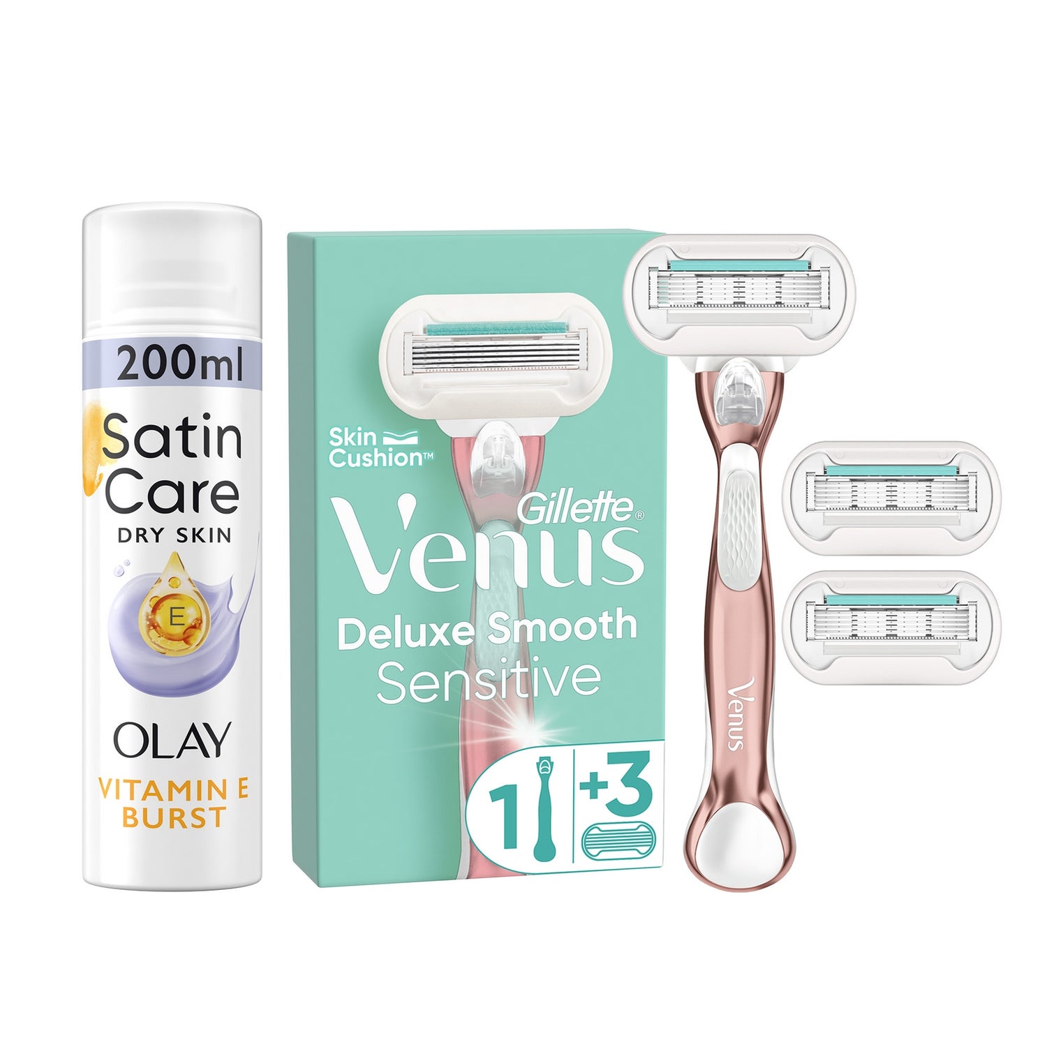 Venus Deluxe Smooth Sensitive Rose Gold Handle + 3 Blades With Satin Care Olay Vitamin E Shave Prep