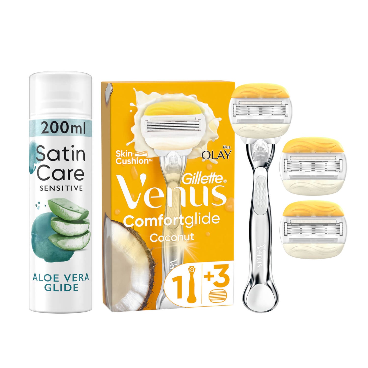 Venus ComfortGlide Coconut With Olay Platinum Handle + 3 Blades With Aloe Vera Glide Shave Prep