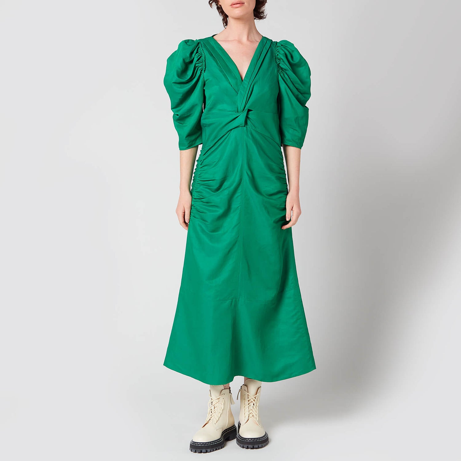 Proenza Schouler Women's Linen Viscose Shirred Sleeve Dress - Bright Green - US 8/UK 12