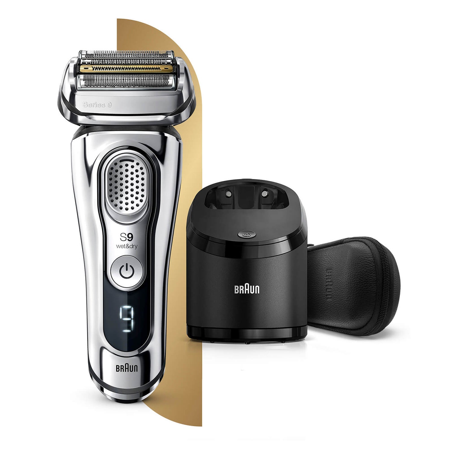 Braun Series 9 Rasierer, chrom, mit Reinigungsstation SmartCare Center und Reise-Etui Leder