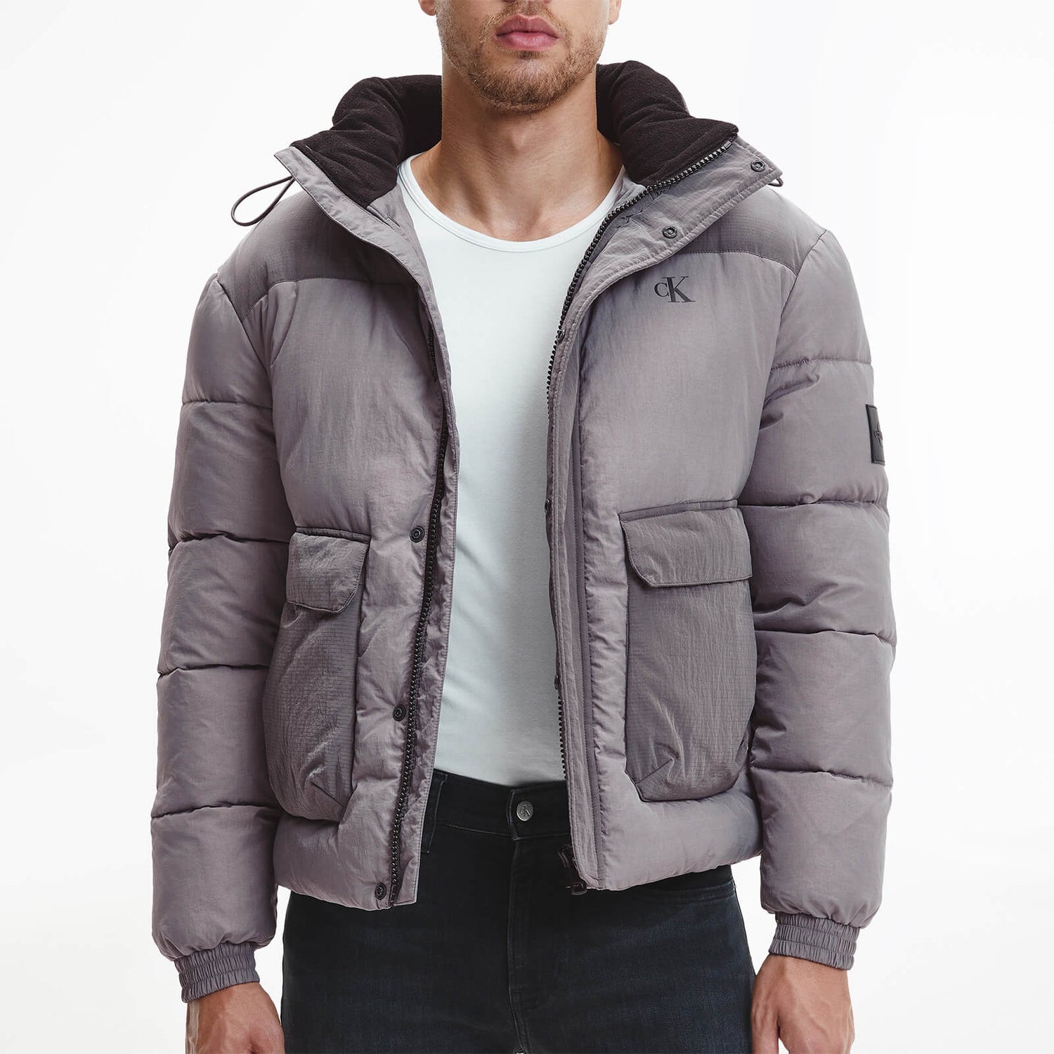 Calvin Klein Jeans Men's Ripstop Non Down Hooded Puffer Jacket - Fossil Grey - S