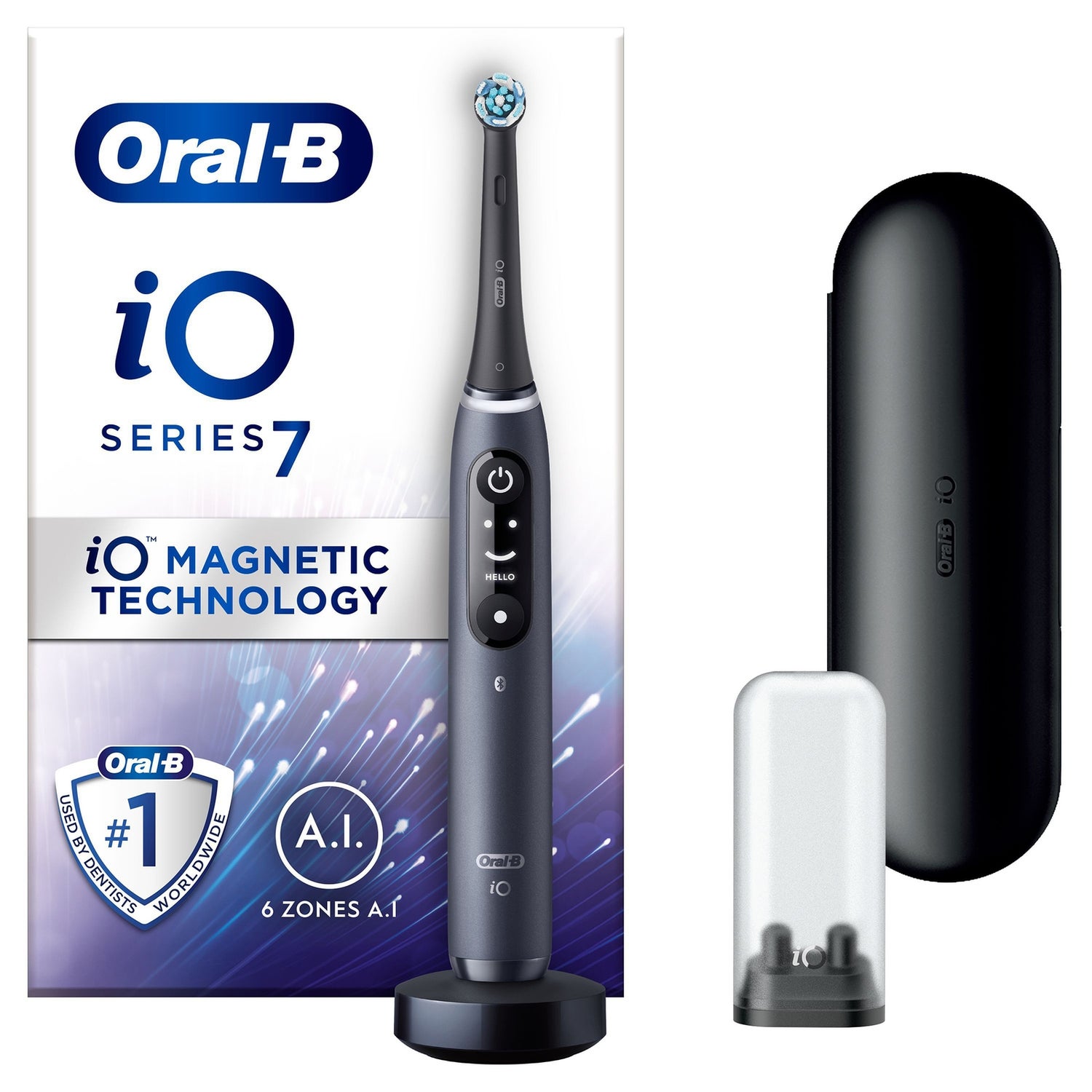Oral-B iO7 Black Electric Toothbrush with Travel Case + 4 Refills