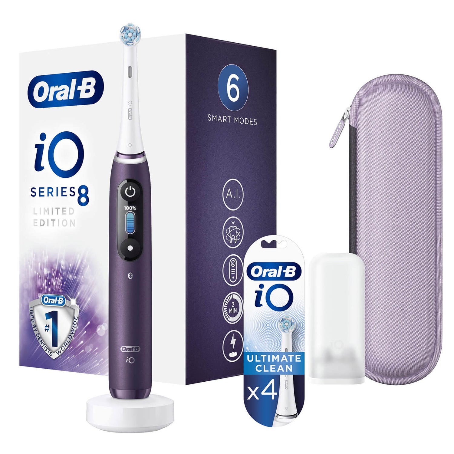 Oral-B iO8 Violet Electric Toothbrush with Zipper Case + 4 Refills
