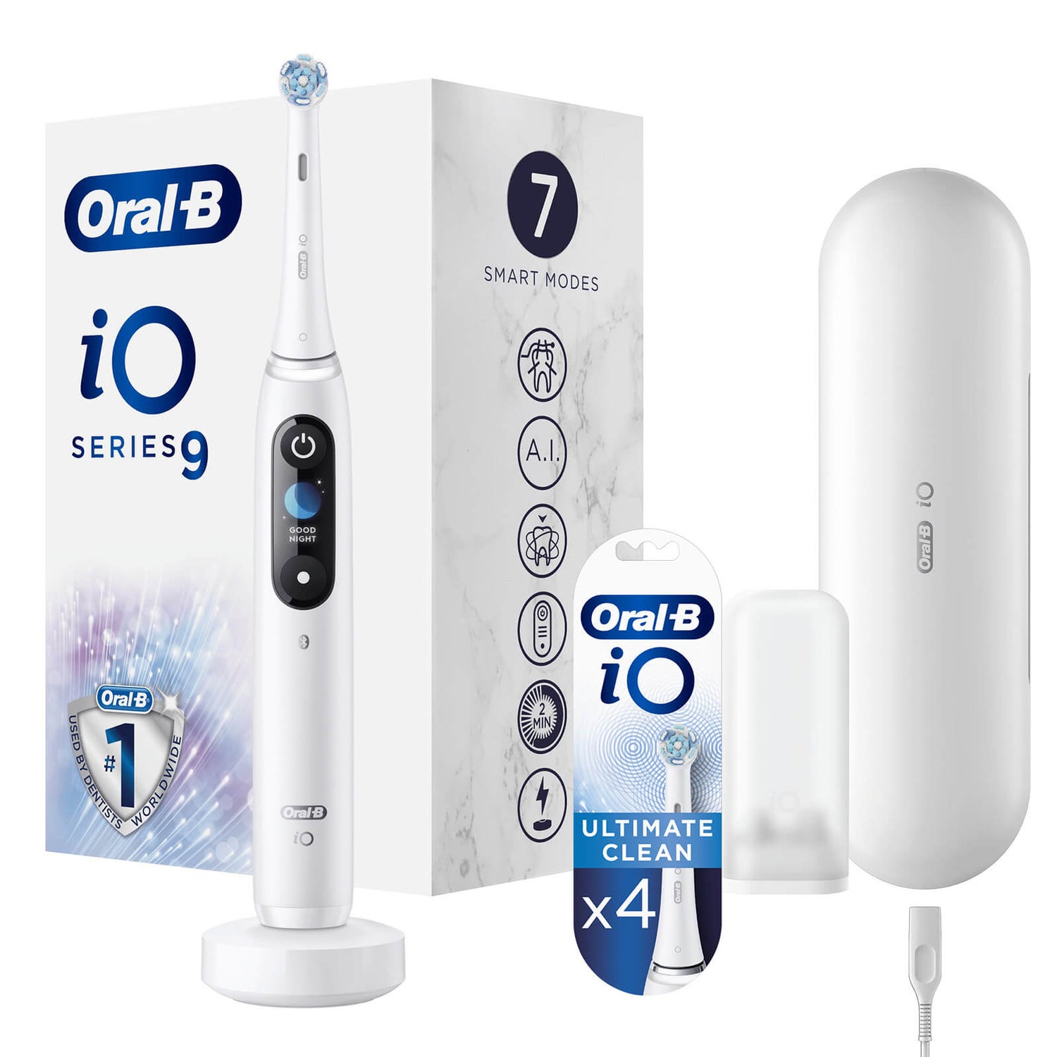 Oral-B iO9 White Alabaster Electric Toothbrush with Charging Travel Case + 4 Refills