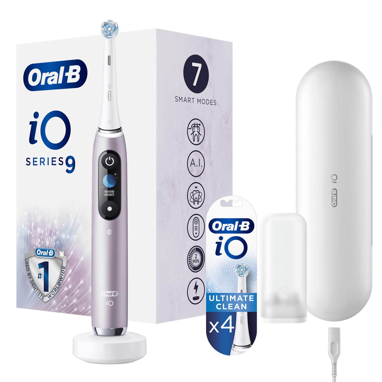 Oral-B iO9 Rose Quartz Electric Toothbrush with Charging Travel Case + 4 Refills