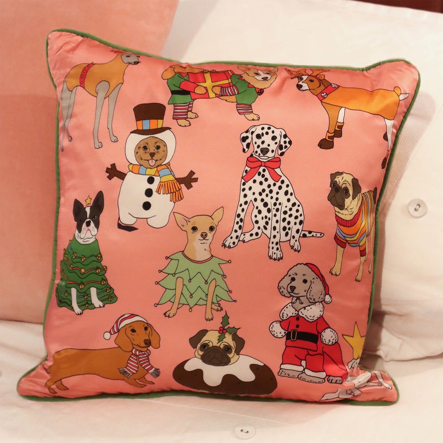 Karen Mabon Christmas Dogs Cushion - Pink - 45 x 45cm