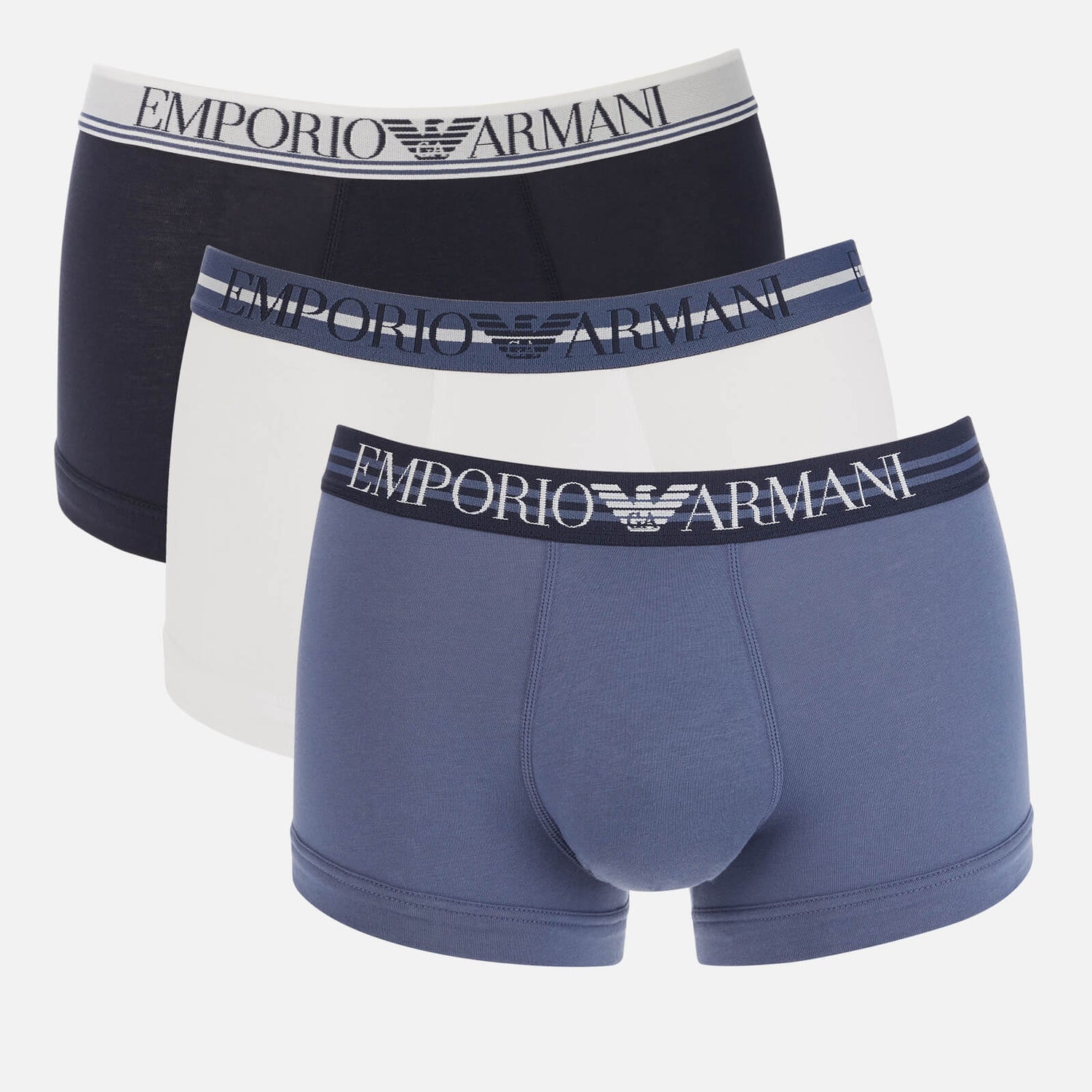 Emporio Armani Men's 3-Pack Mixed Waistband Trunks - Marine/White/Indigo - S