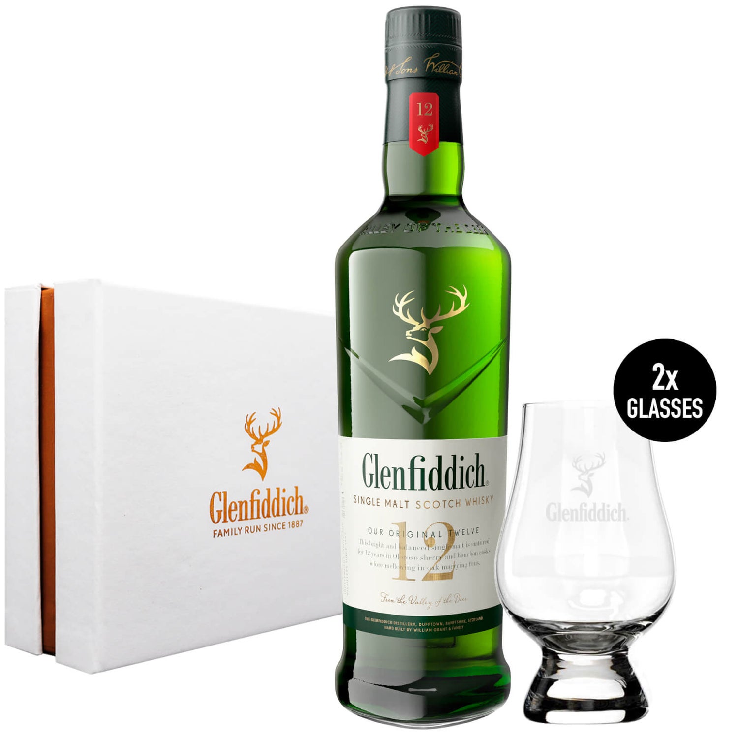 Glenfiddich 12 Year Old Single Malt Scotch Whisky and Glencairn Glasses Gift Set