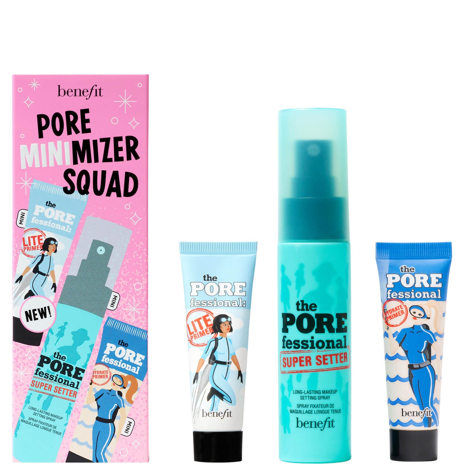 benefit Pore Minimizer Squad Face Primer and Makeup Setting Spray Trio Set (Worth £37.50)