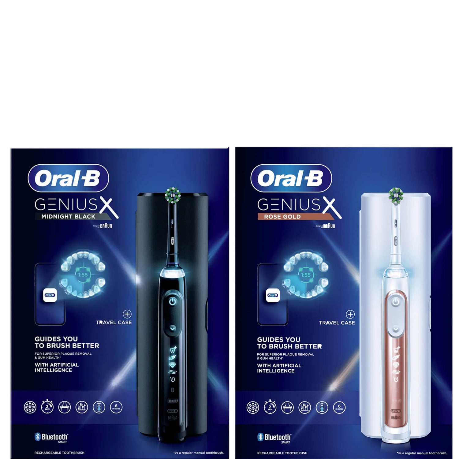 Oral B Genius X Duo Pack Rose & Black Electric Toothbrush with Travel Case