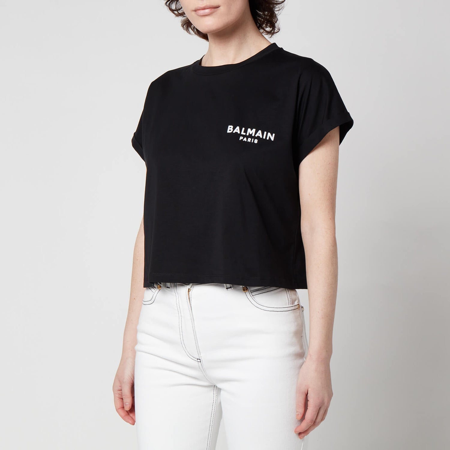 Balmain Women's Cropped Flock Detail T-Shirt - Black - XS