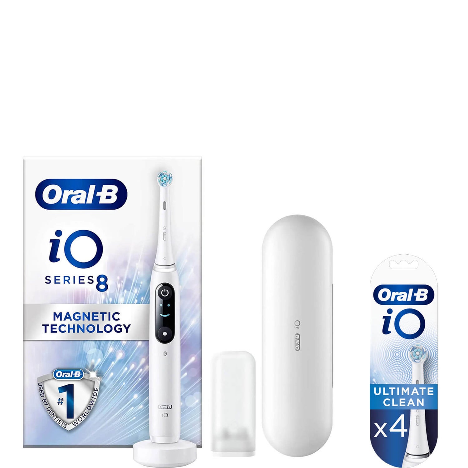 Oral-B iO8 White Electric Toothbrush with Travel Case & Toothbrush Heads Bundle (Pack of 4) - White