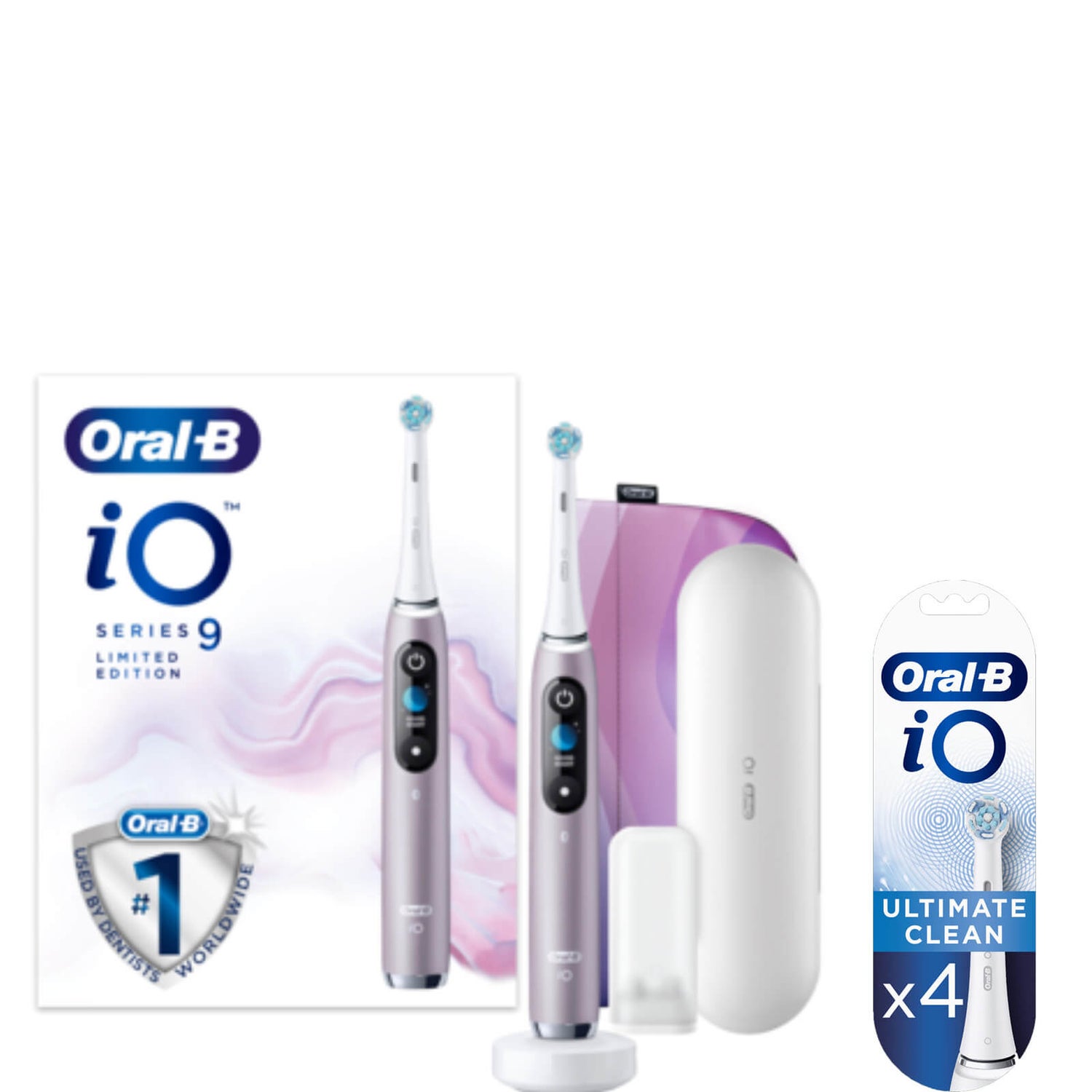 Oral-B iO9 Rose Quartz Electric Toothbrush with Charging Travel Case, Magnetic Pouch & Toothbrush Heads Bundle - White