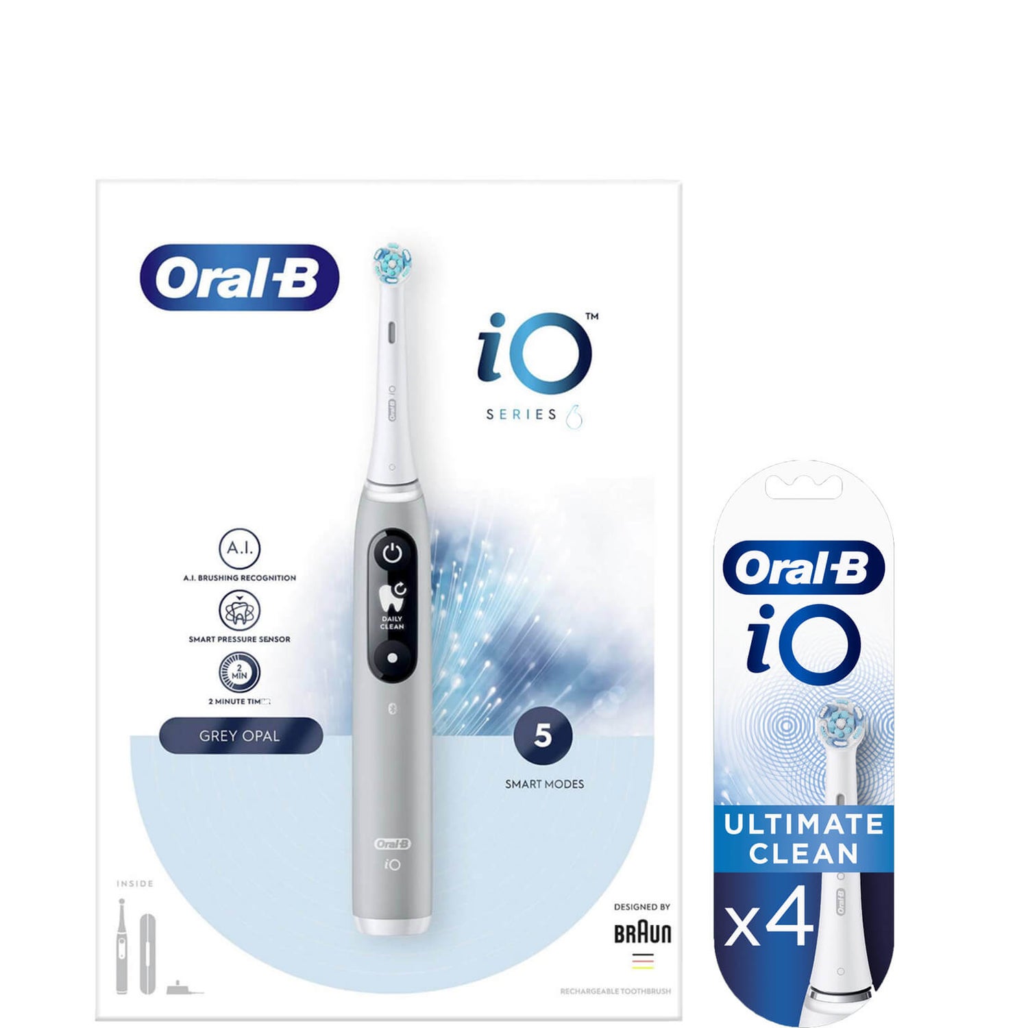 Oral-B iO6 Grey Opal Electric Toothbrush with Travel Case & Toothbrush Heads Bundle (Pack of 4) - White
