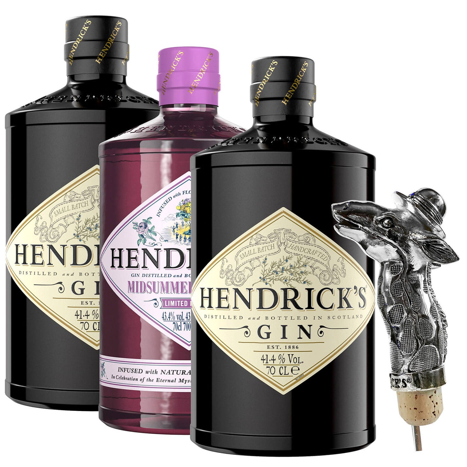 Hendrick's Original Gin & Hendrick's Midsummer Solstice Gin Trio, 3 x 70cl - with Exclusive Hendrick's Giraffe Pourer