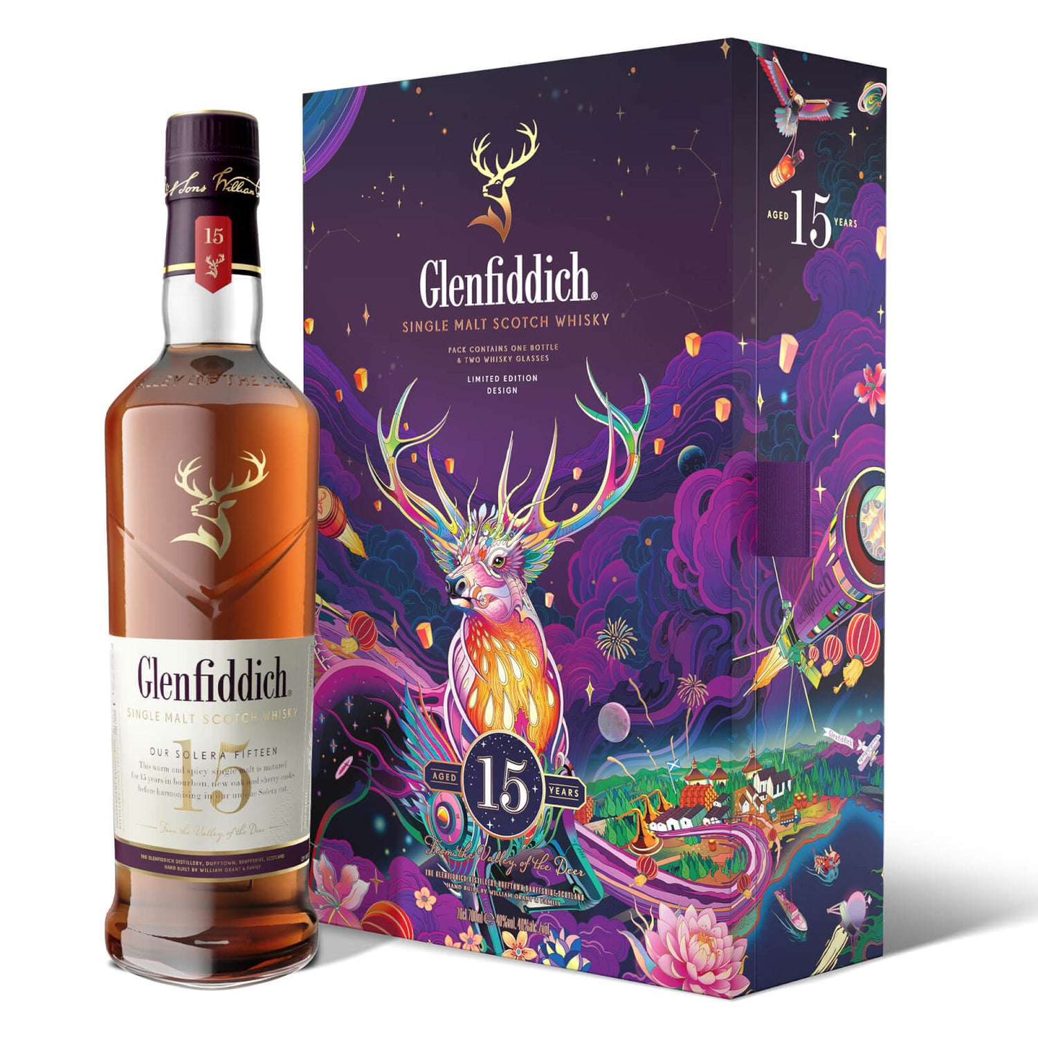 Glenfiddich 15 Year Old Single Malt Scotch Whisky, 2022 Chinese New Year Limited Edition Gift Bottle & Glass Set, 70cl